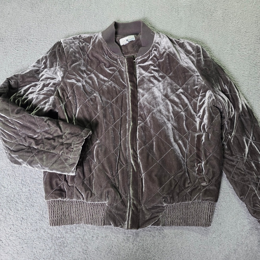 14th & Union Womens M Petite Bomber Jacket Gray Quilted Velvet Full Zip Lined